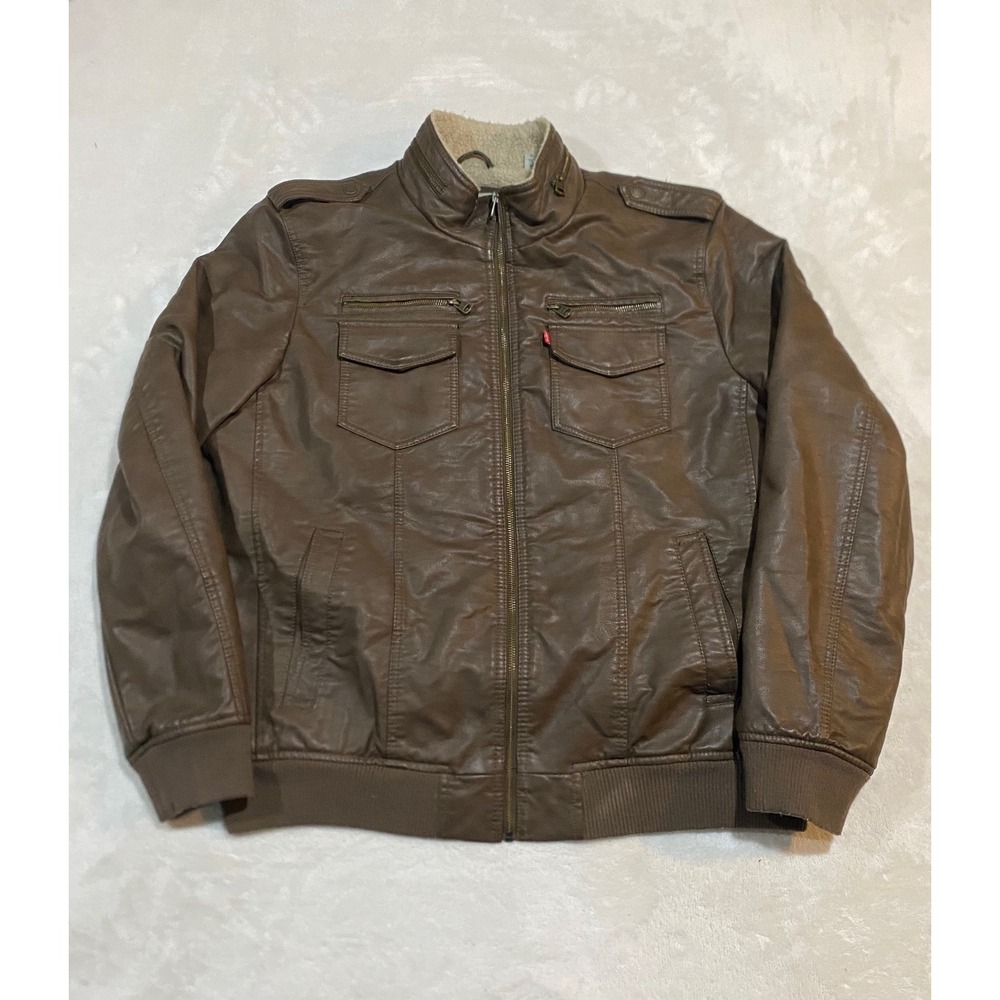Levis Mens Brown Faux Leather Sherpa Lined Bomber Jacket XL RN54163
